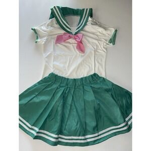 Women's Sailor‎ School Girl Cosplay Costume Set Green White Pink Bow Large
